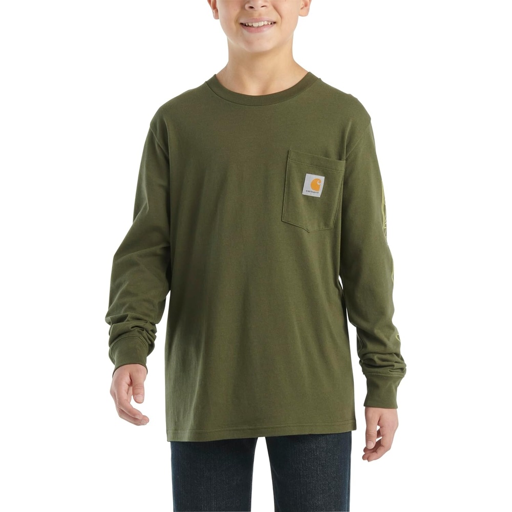 image:imageCarhartt Boys LongSleeve Logo Sleeve Pocket TShirtDark Olive Green