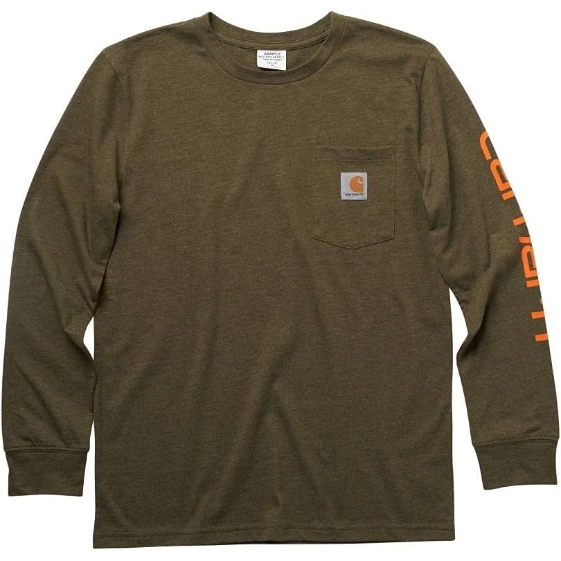 image:imageCarhartt Boys LongSleeve Logo Sleeve Pocket TShirtIvy Green Heather