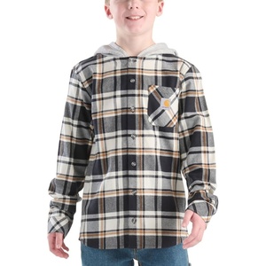 Carhartt Kid’s CE8212 Long-Sleeve Flannel Button-Front Hooded Shirt – Boys(Caviar Black)