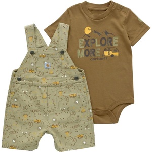 Carhartt Kid’s CG8964 Short-Sleeve Bodysuit and Canvas Print Shortall Set – Boy(Dark Khaki)