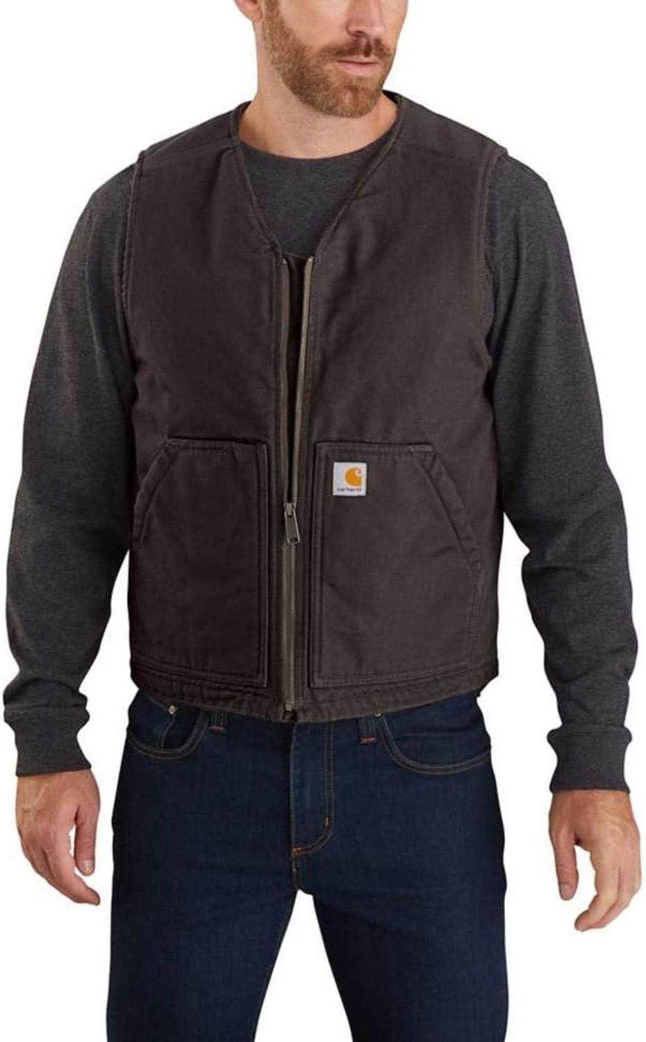 image:imageCarhartt Mens 104394 Washed Duck Vest Sherpa LinedDark Brown
