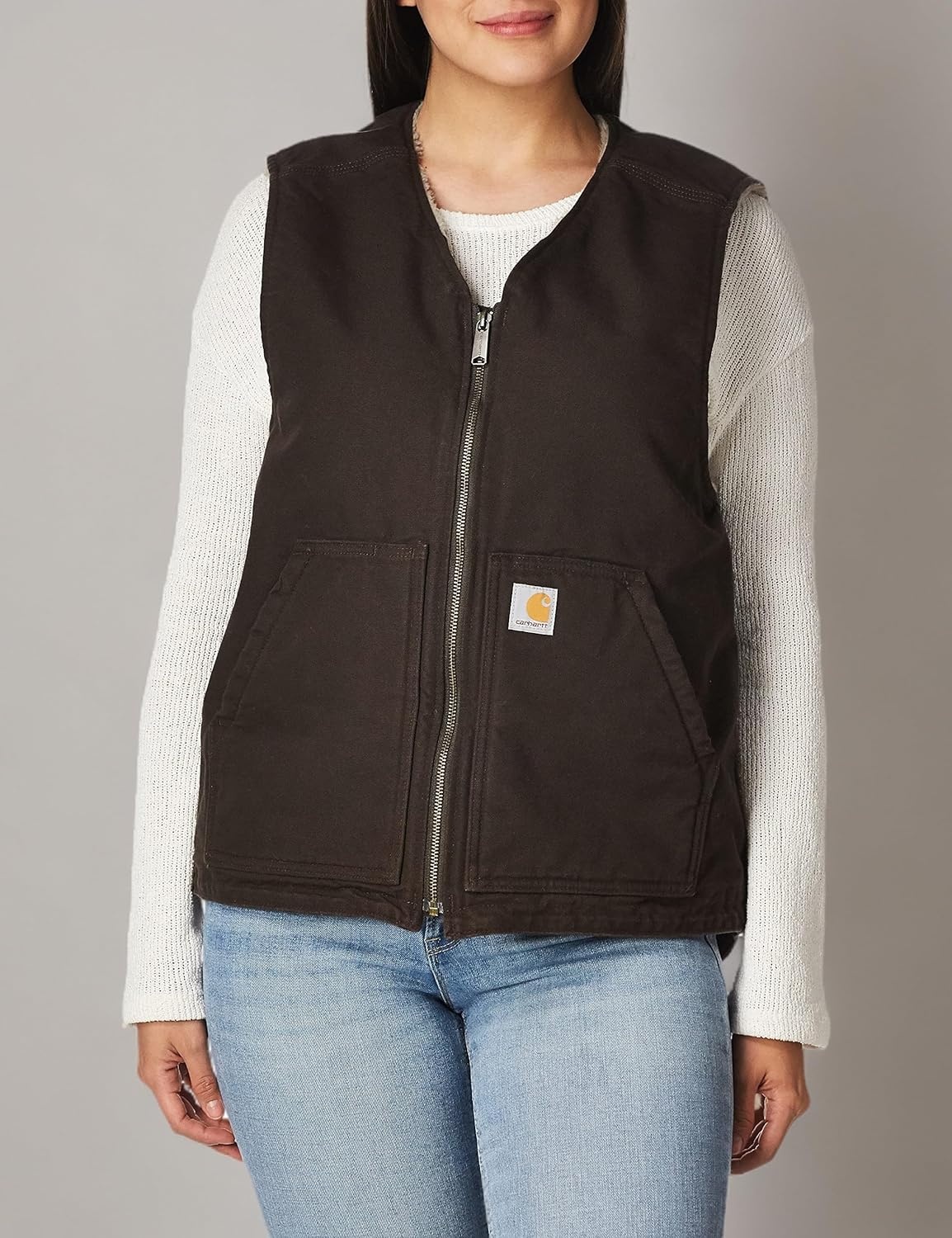 image:imageCarhartt Mens 104394 Washed Duck Vest Sherpa LinedDark Brown
