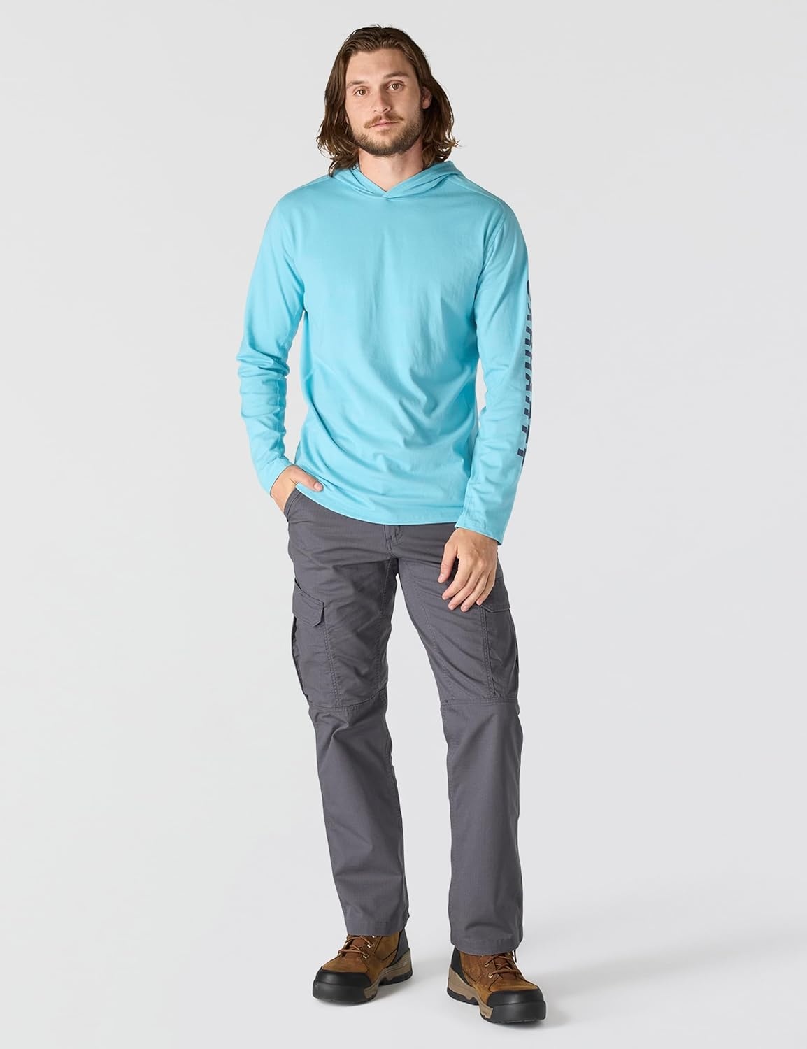 image:imageCarhartt Mens Force Relaxed Fit Midweight LongSleeve Logo Graphic Hooded TShirtDusted Aqua