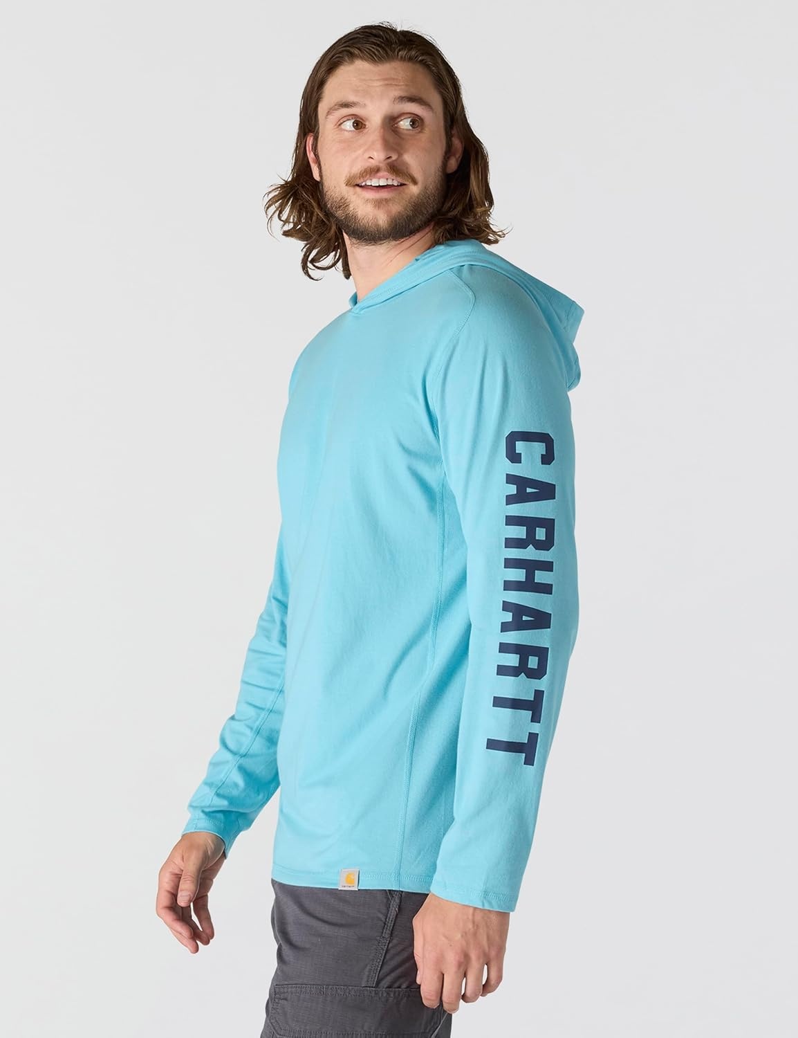 image:imageCarhartt Mens Force Relaxed Fit Midweight LongSleeve Logo Graphic Hooded TShirtDusted Aqua