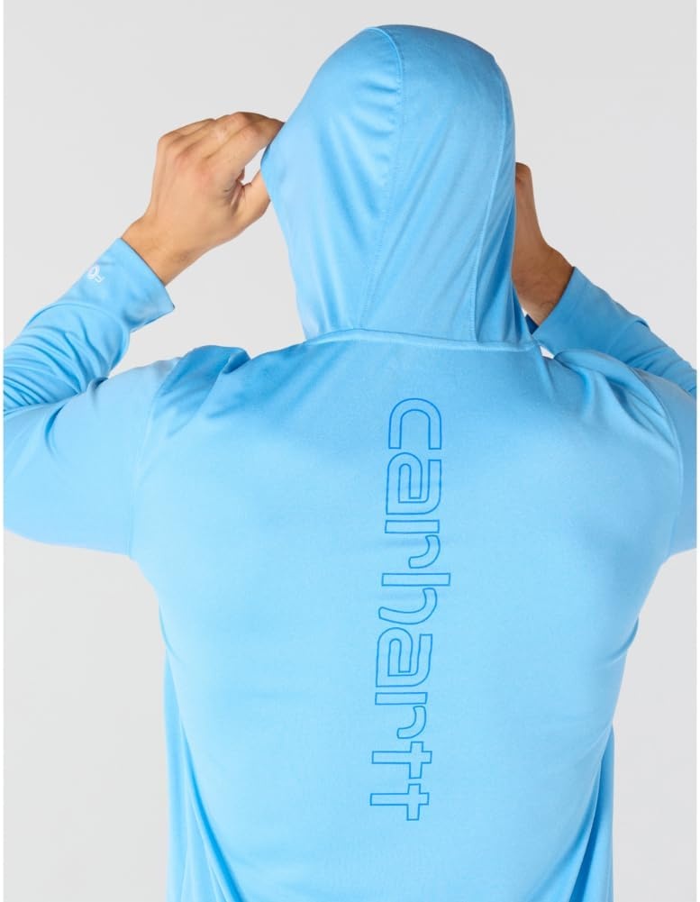 image:imageCarhartt Mens Force Sun Defender Lightweight LongSleeve Hooded Logo Graphic TShirtTranquil Blue Heather