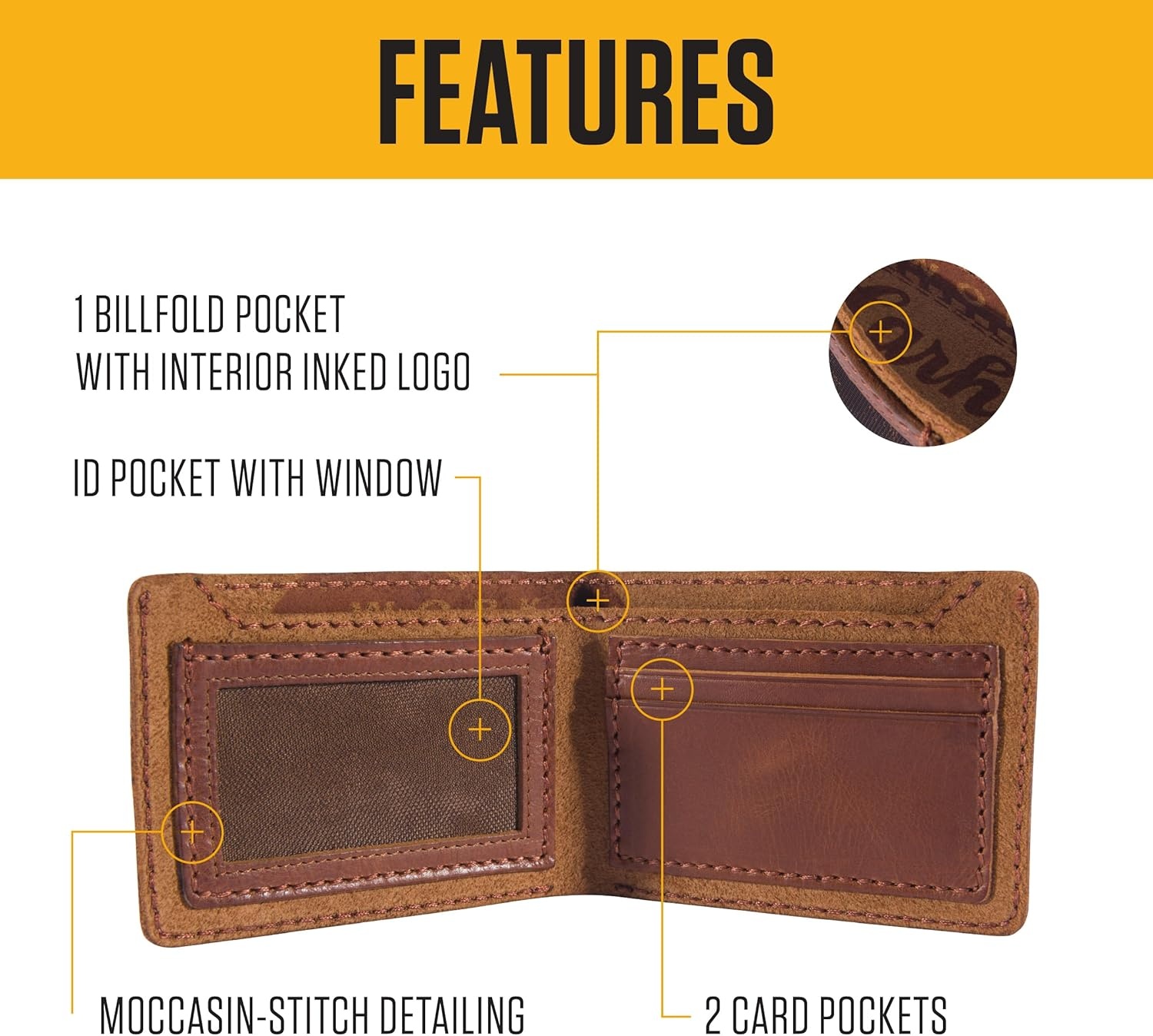 image:imageCarhartt Mens Full Grain Patina Leather Wallets Bifold and Front Pocket OptionsBrown Bifold