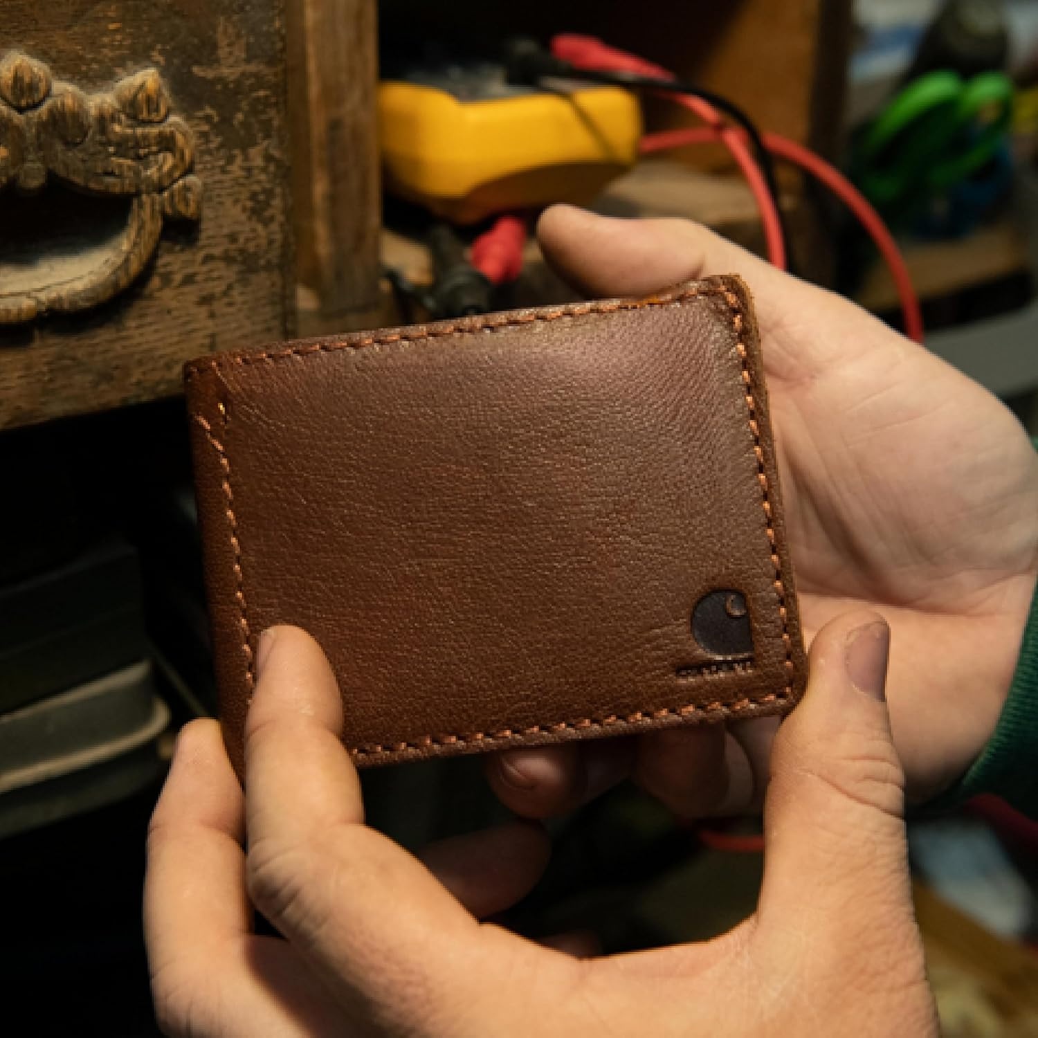 image:imageCarhartt Mens Full Grain Patina Leather Wallets Bifold and Front Pocket OptionsBrown Bifold