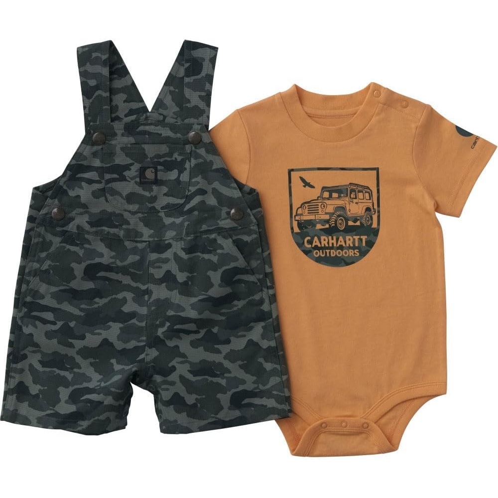 image:imageCarhartt Baby Boys 2piece Short Sleeve Bodysuit amp Canvas Camo Shortall SetGreen Camo