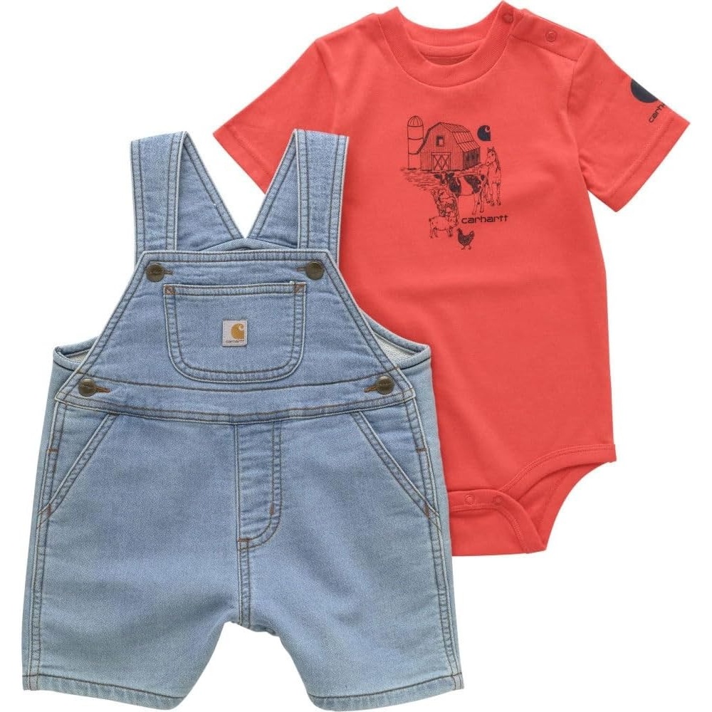 image:imageCarhartt Kids CG8972 ShortSleeve Bodysuit and Denim Shortall Set BoysLight Wash