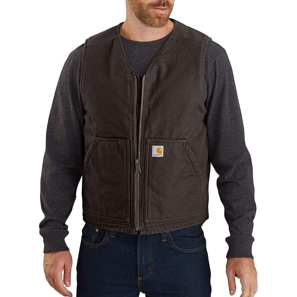 image:imageCarhartt Mens 104394 Washed Duck Vest  Sherpa LinedDark Brown