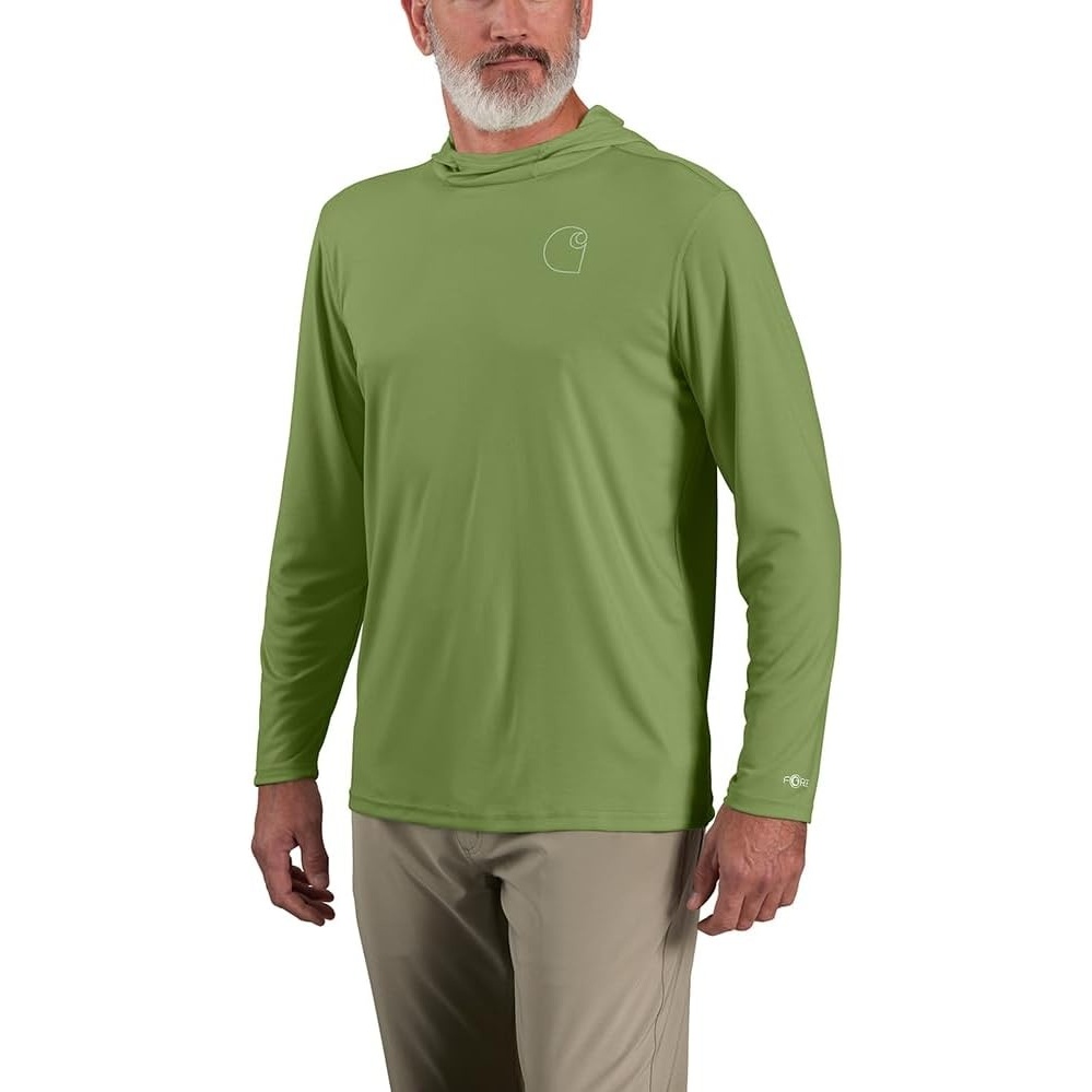 image:imageCarhartt Mens Force Sun Defender Lightweight LongSleeve Hooded Logo Graphic TShirtSwitchgrass