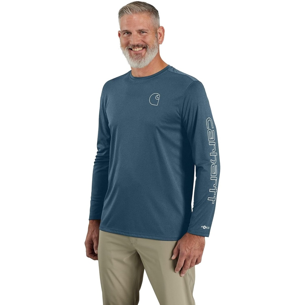 image:imageCarhartt Mens Force Sun Defender Lightweight LongSleeve Logo Graphic TShirtStorm Blue Heather