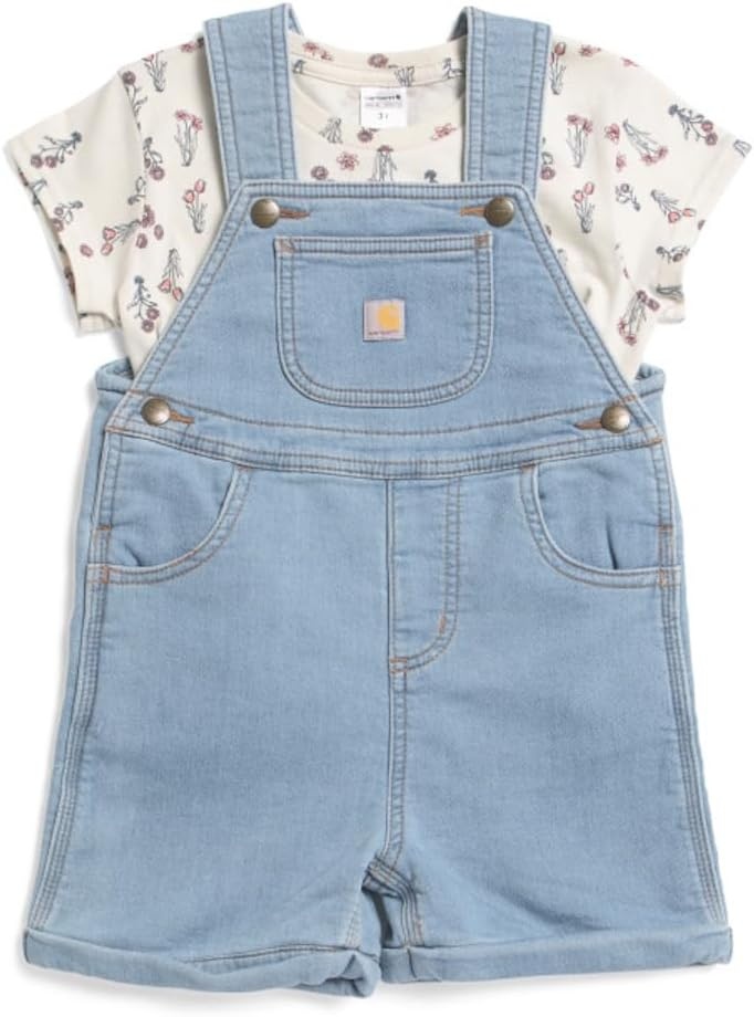 image:imageCarhartt Baby Girls Shortsleeve Tshirt and Shortall SetLight Wash Denim Toddler