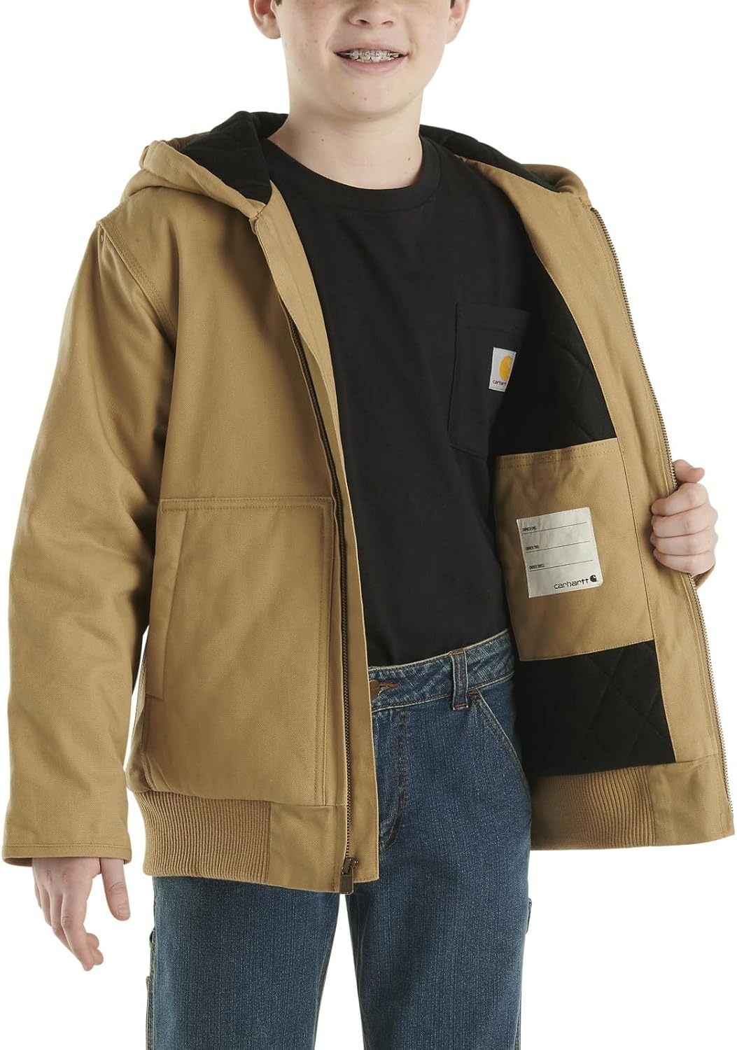 image:imageCarhartt Boys FlannelLined Hooded Canvas Insulated ZipUp JacketBrown