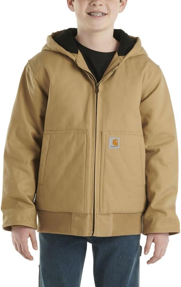 image:imageCarhartt Boys FlannelLined Hooded Canvas Insulated ZipUp JacketBrown