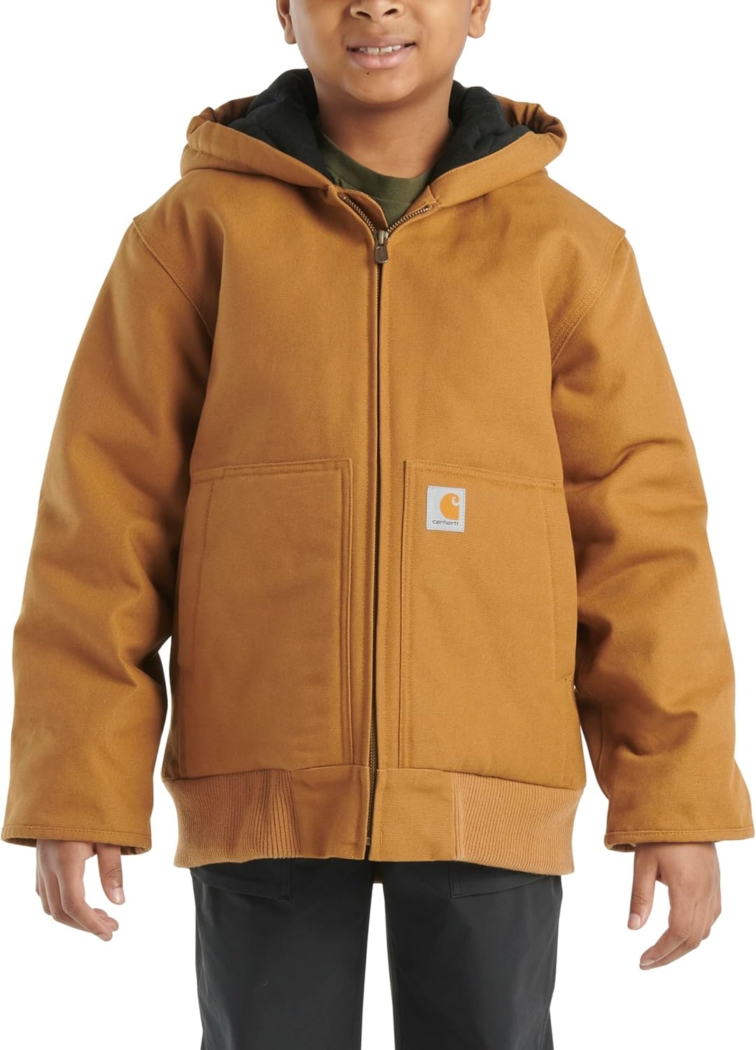 image:imageCarhartt Boys FlannelLined Hooded Canvas Insulated ZipUp JacketCarhartt Brown