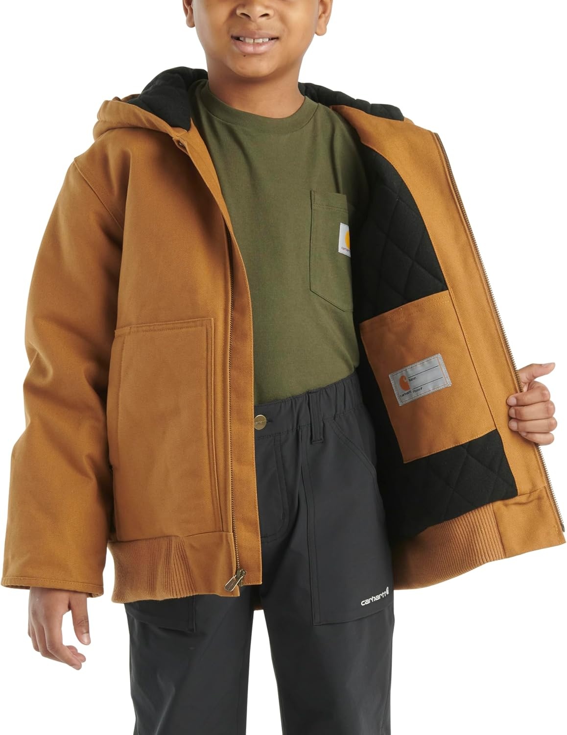 image:imageCarhartt Boys FlannelLined Hooded Canvas Insulated ZipUp JacketCarhartt Brown