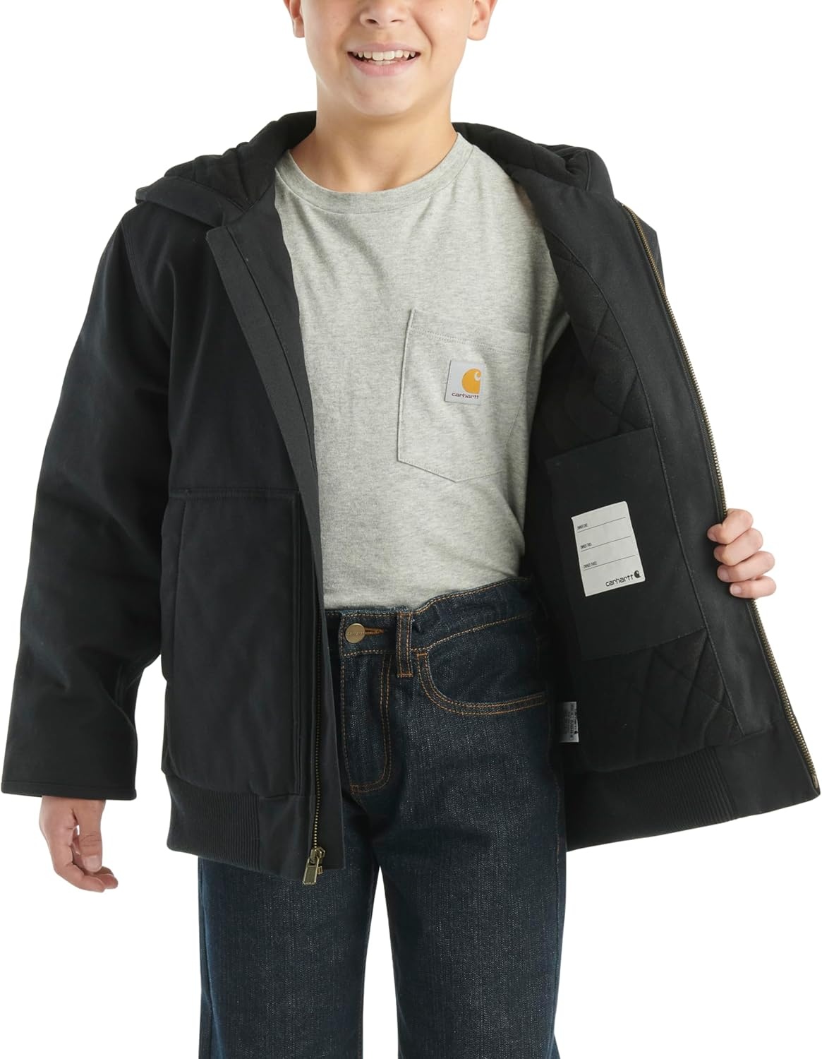 image:imageCarhartt Boys FlannelLined Hooded Canvas Insulated ZipUp JacketCaviar Black