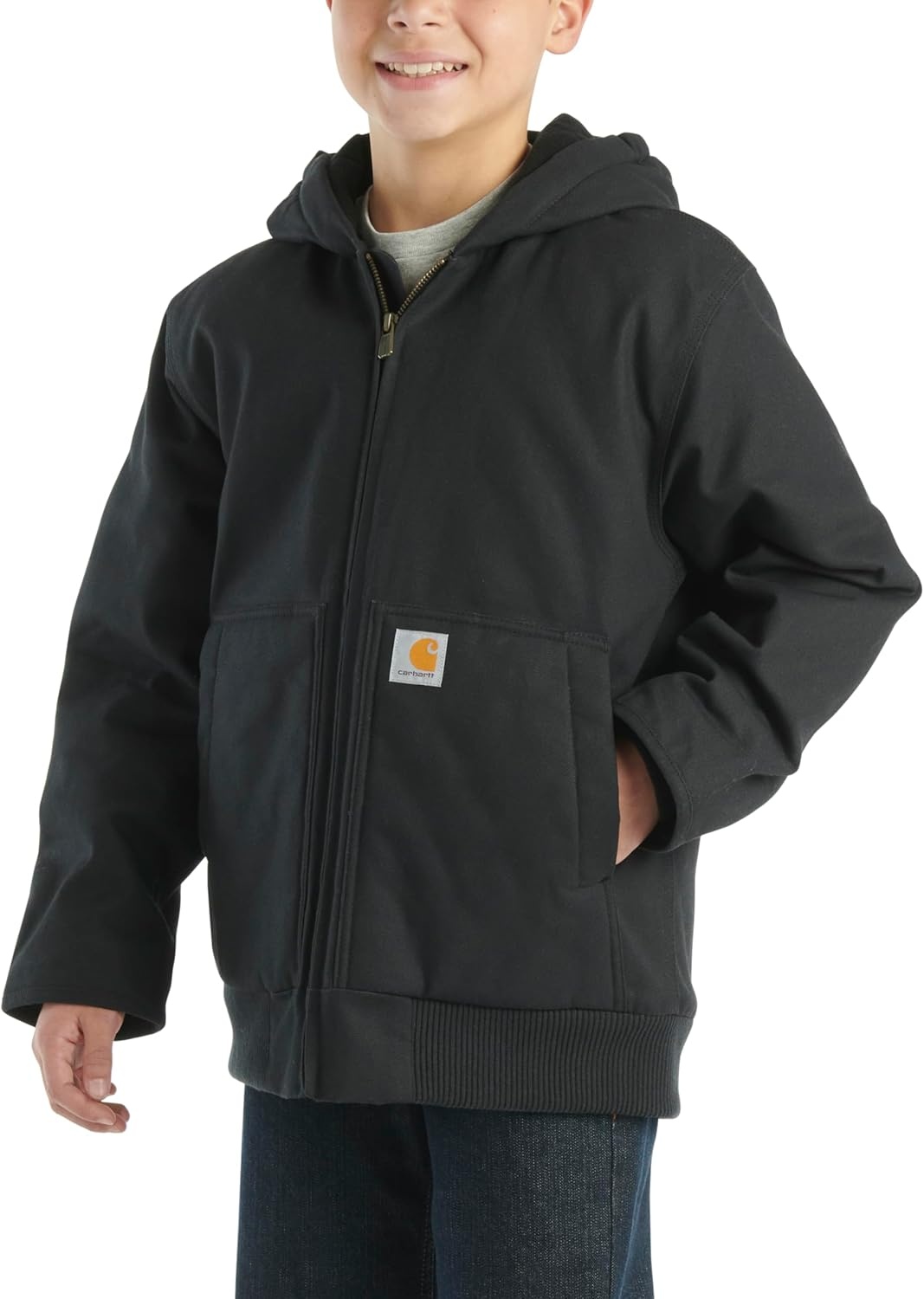image:imageCarhartt Boys FlannelLined Hooded Canvas Insulated ZipUp JacketCaviar Black
