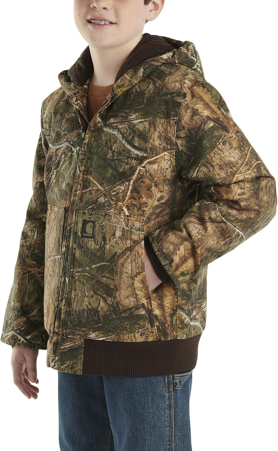 image:imageCarhartt Boys FlannelLined Hooded Canvas Insulated ZipUp JacketMossy Oak Country Camo