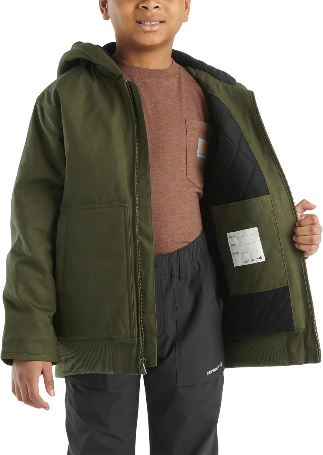image:imageCarhartt Boys FlannelLined Hooded Canvas Insulated ZipUp JacketOlive