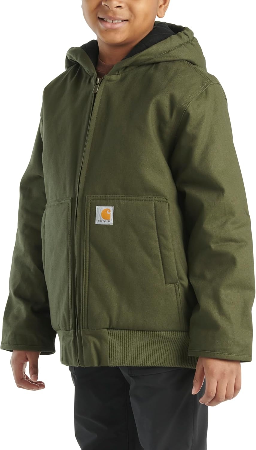 image:imageCarhartt Boys FlannelLined Hooded Canvas Insulated ZipUp JacketOlive