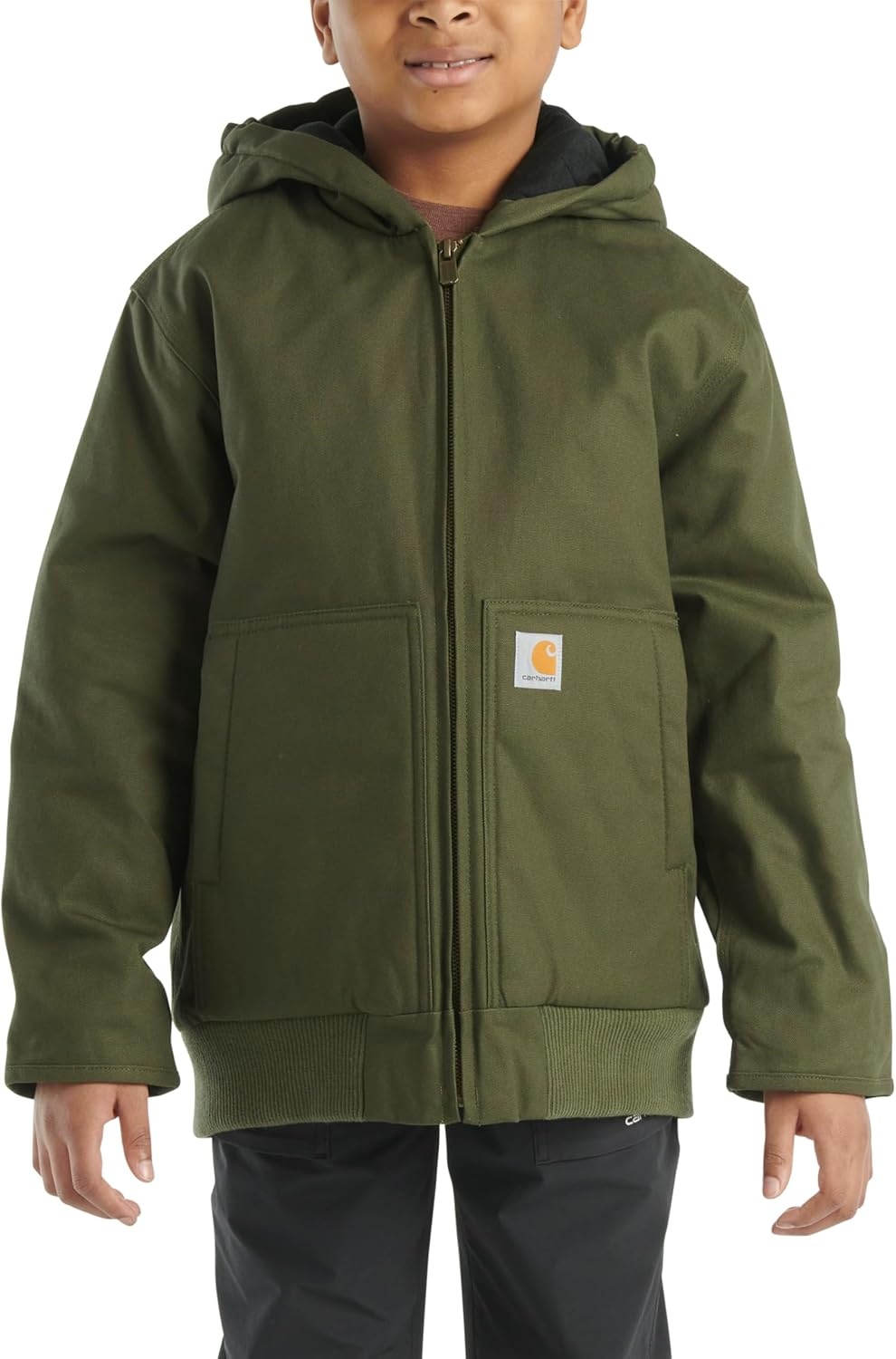 image:imageCarhartt Boys FlannelLined Hooded Canvas Insulated ZipUp JacketOlive