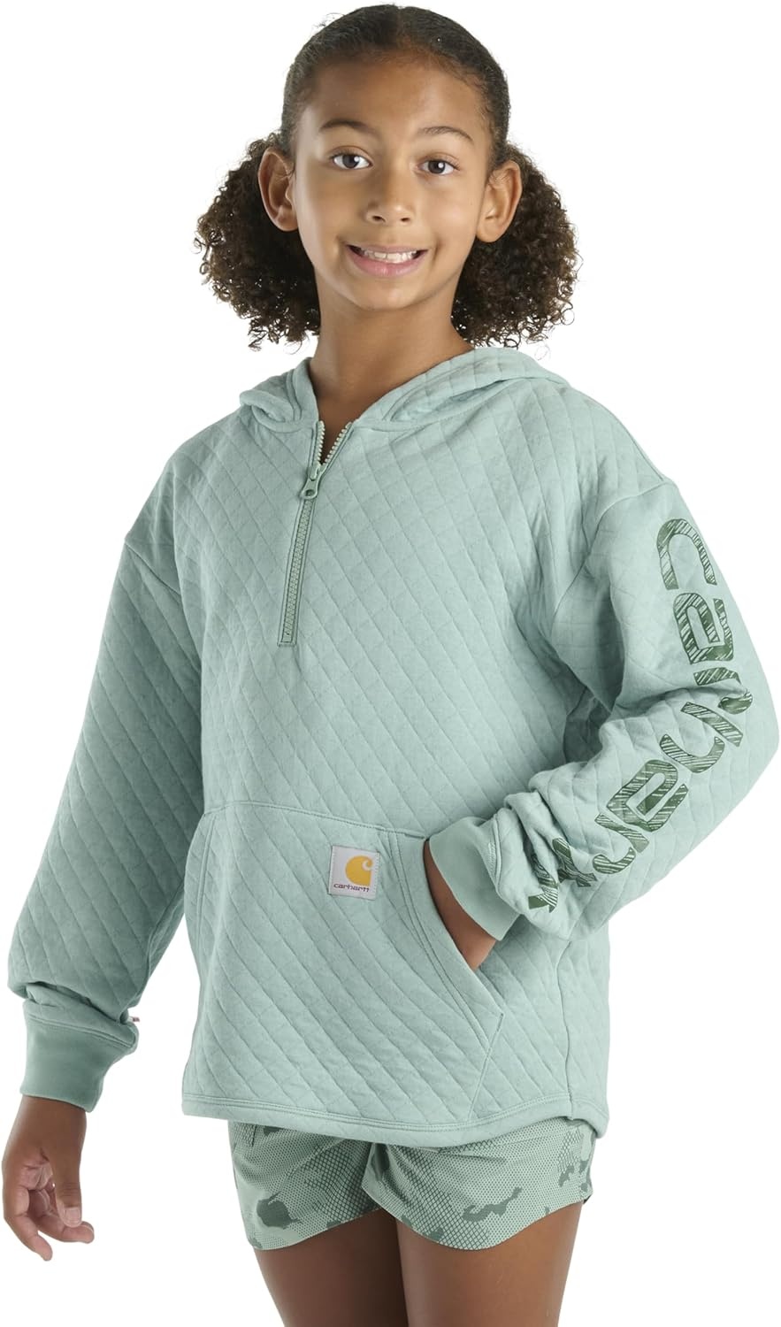 image:imageCarhartt Kids CA7108 LongSleeve Quilted Jersey Half Zip Sweatshirt GirlsMed Green