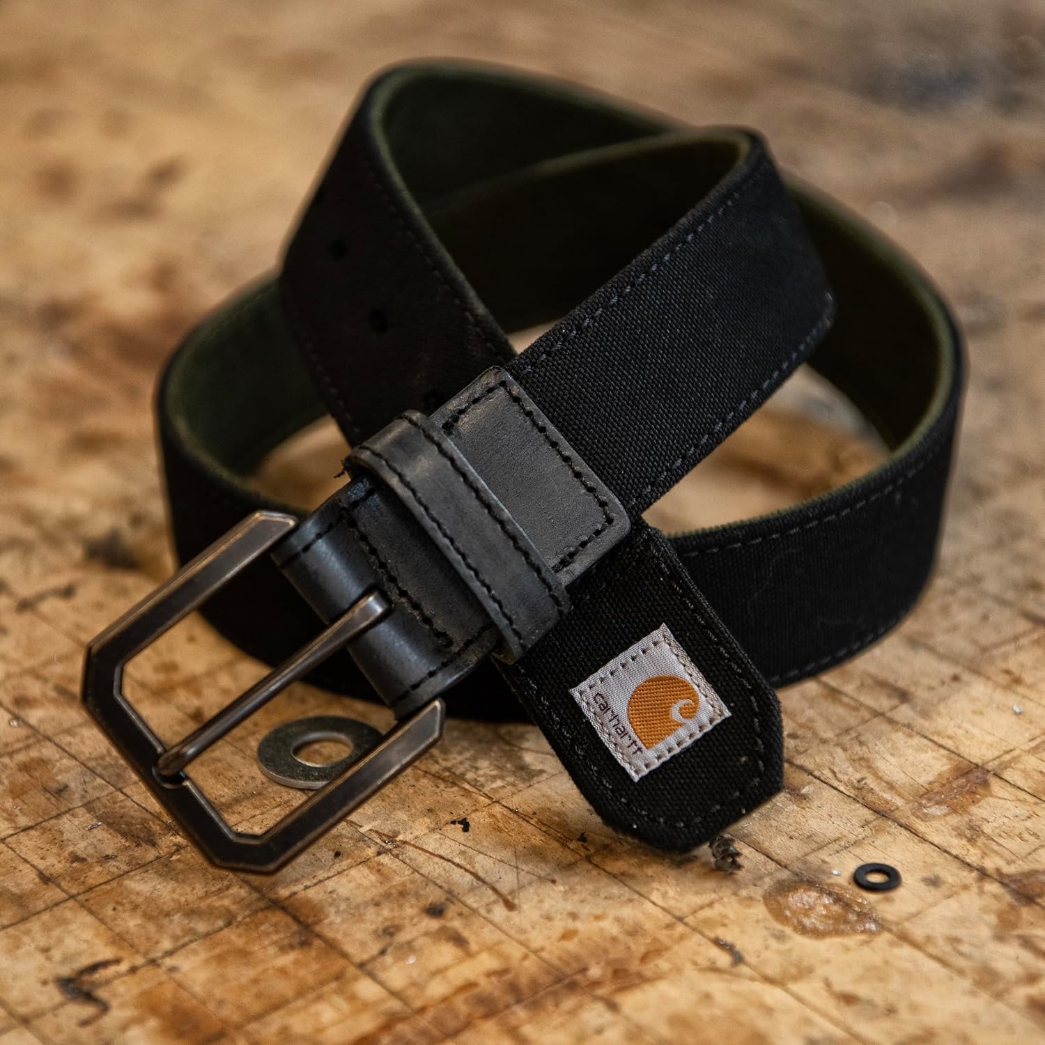 image:imageCarhartt Mens Casual Rugged Canvas Duck Belt WAntique Brass Buckle and Contrast Curdoroy BackingCarhartt Brown