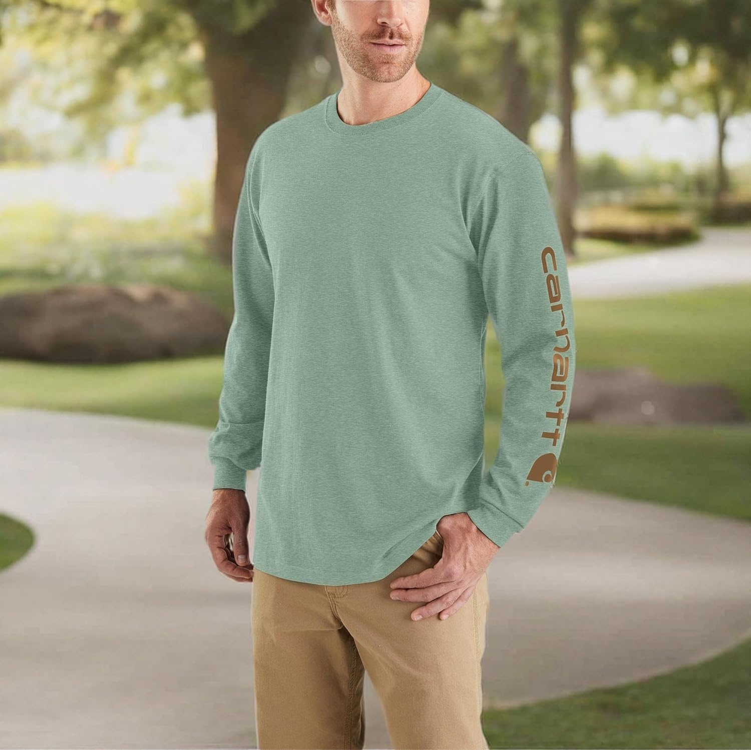 image:imageCarhartt Mens Dearborn Loose LongSleeve Logo TShirt CloseoutJade Heather