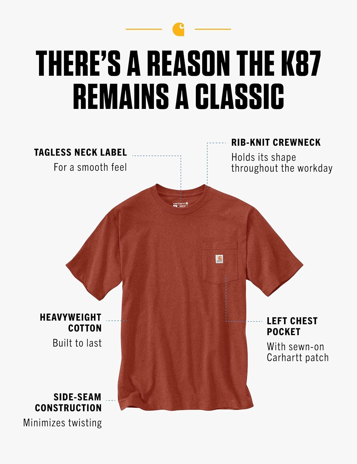 image:imageCarhartt Mens Iconic K87 Pocket TShirt CloseoutSaddle Red Heather