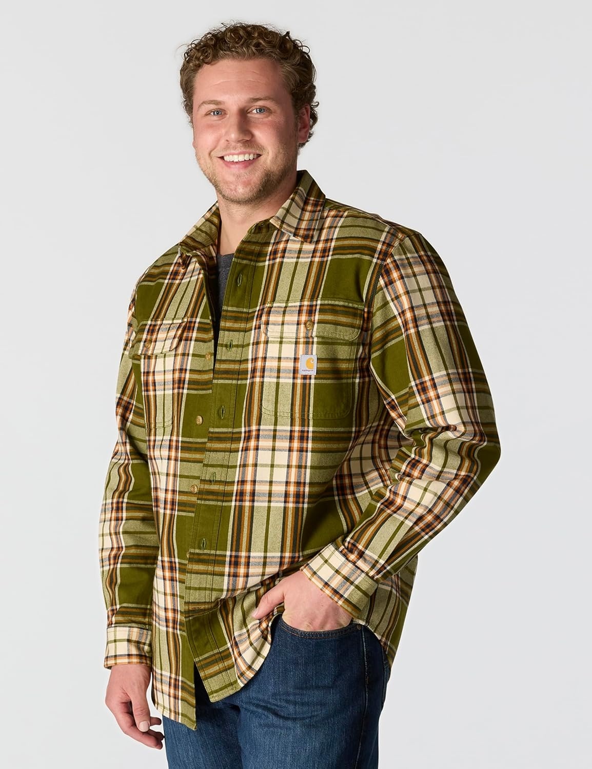image:imageCarhartt Mens Loose Fit Heavyweight Flannel LongSleeve Plaid ShirtDark Bronzed Green