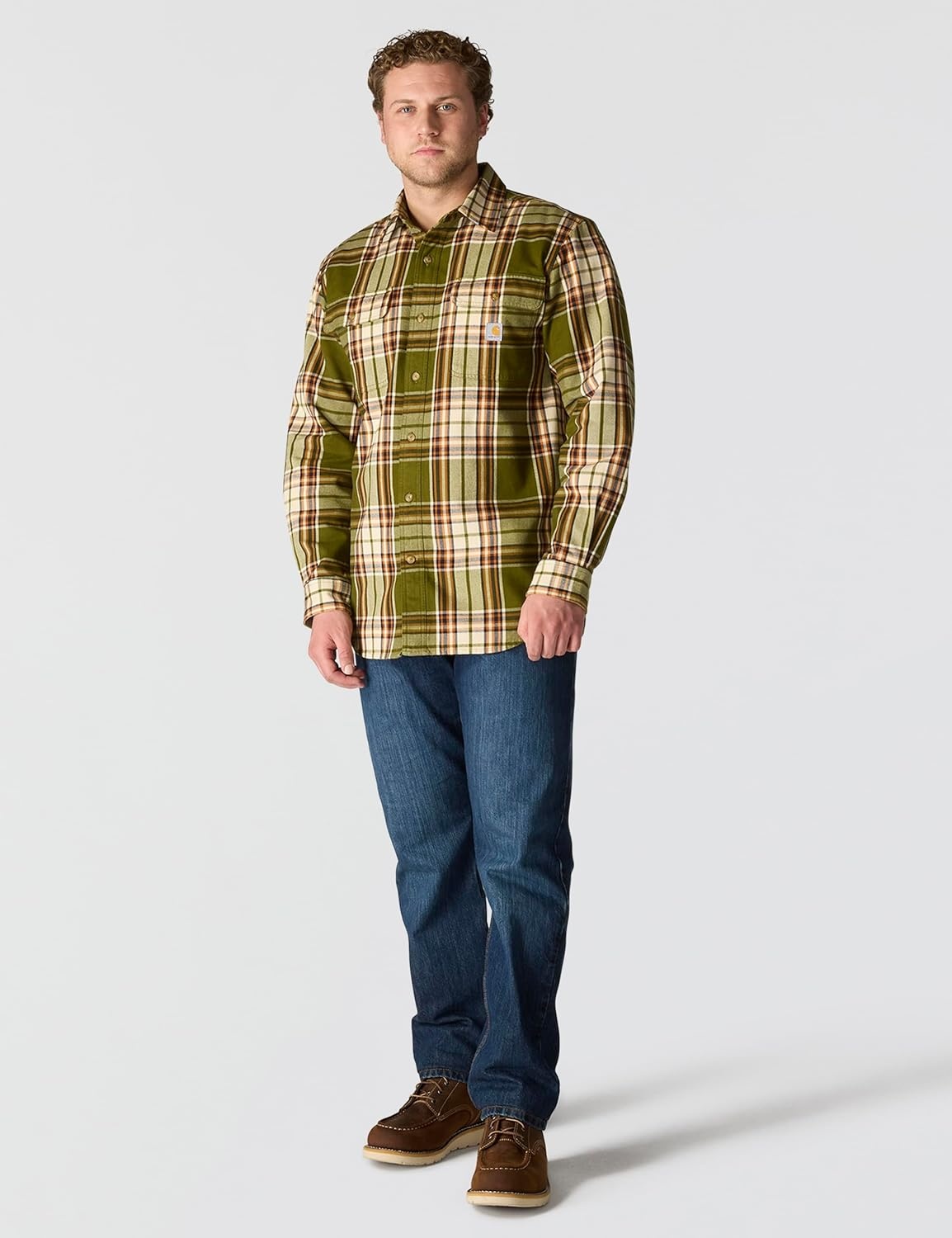 image:imageCarhartt Mens Loose Fit Heavyweight Flannel LongSleeve Plaid ShirtDark Bronzed Green