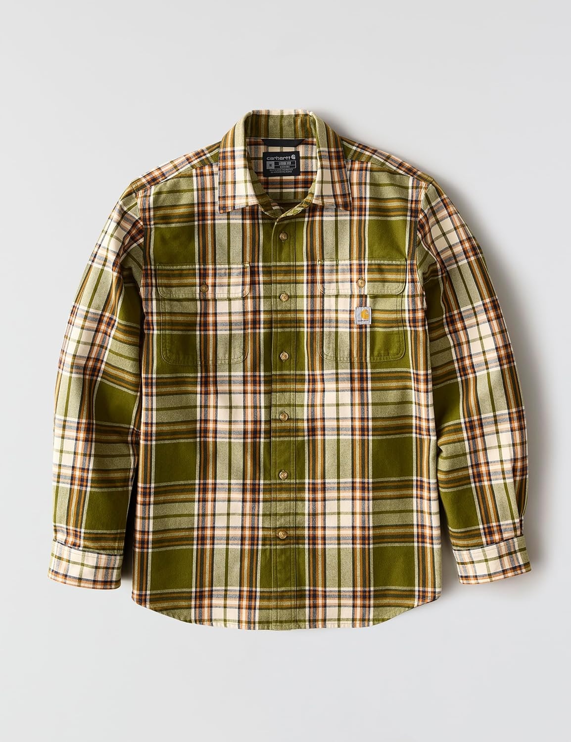 image:imageCarhartt Mens Loose Fit Heavyweight Flannel LongSleeve Plaid ShirtDark Bronzed Green