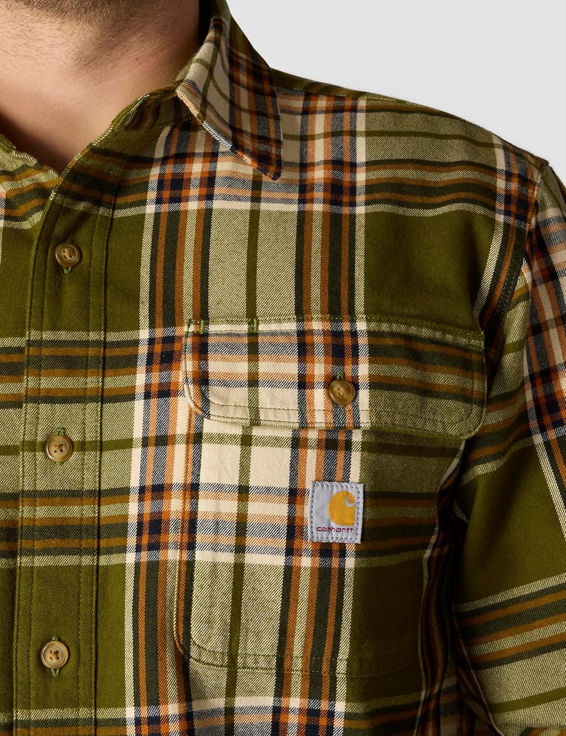 image:imageCarhartt Mens Loose Fit Heavyweight Flannel LongSleeve Plaid ShirtDark Bronzed Green