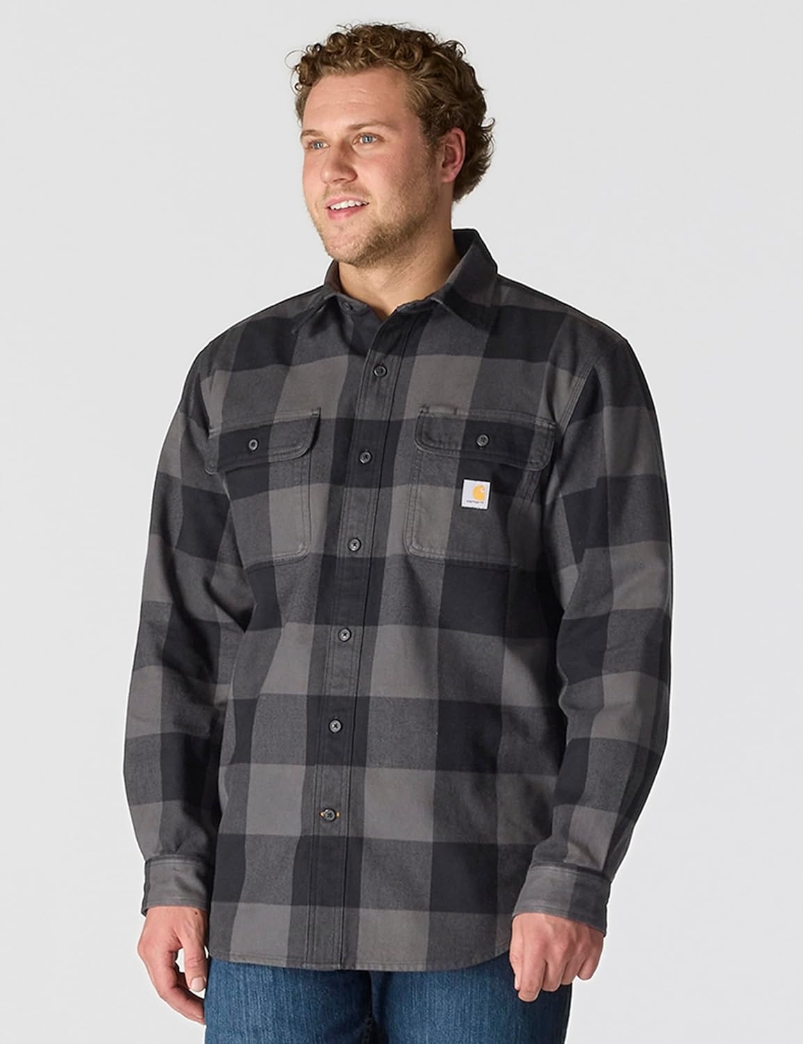 image:imageCarhartt Mens Loose Fit Heavyweight Flannel LongSleeve Plaid ShirtGravel