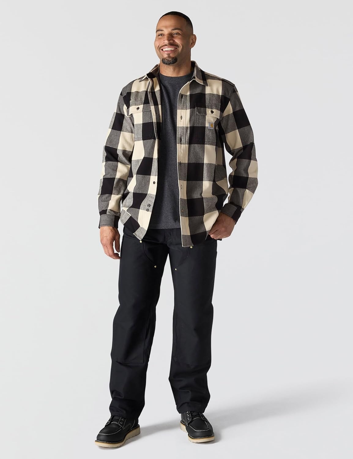image:imageCarhartt Mens Loose Fit Heavyweight Flannel LongSleeve Plaid ShirtOat Milk