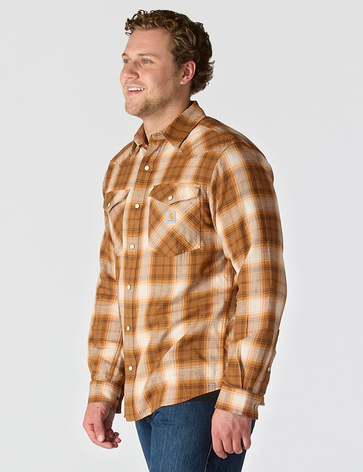 image:imageCarhartt Mens Montana Rugged Flex Relaxed Fit Lightweight LongSleeve SnapFront Plaid ShirtCarhartt Brown
