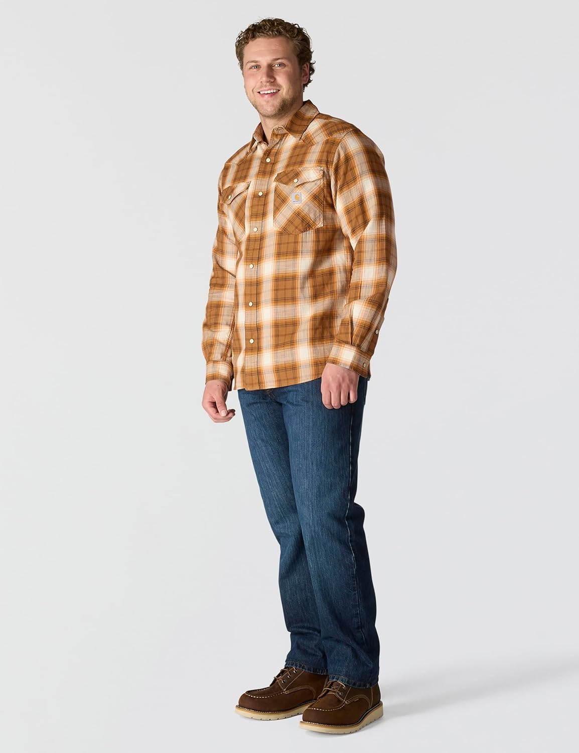 image:imageCarhartt Mens Montana Rugged Flex Relaxed Fit Lightweight LongSleeve SnapFront Plaid ShirtCarhartt Brown