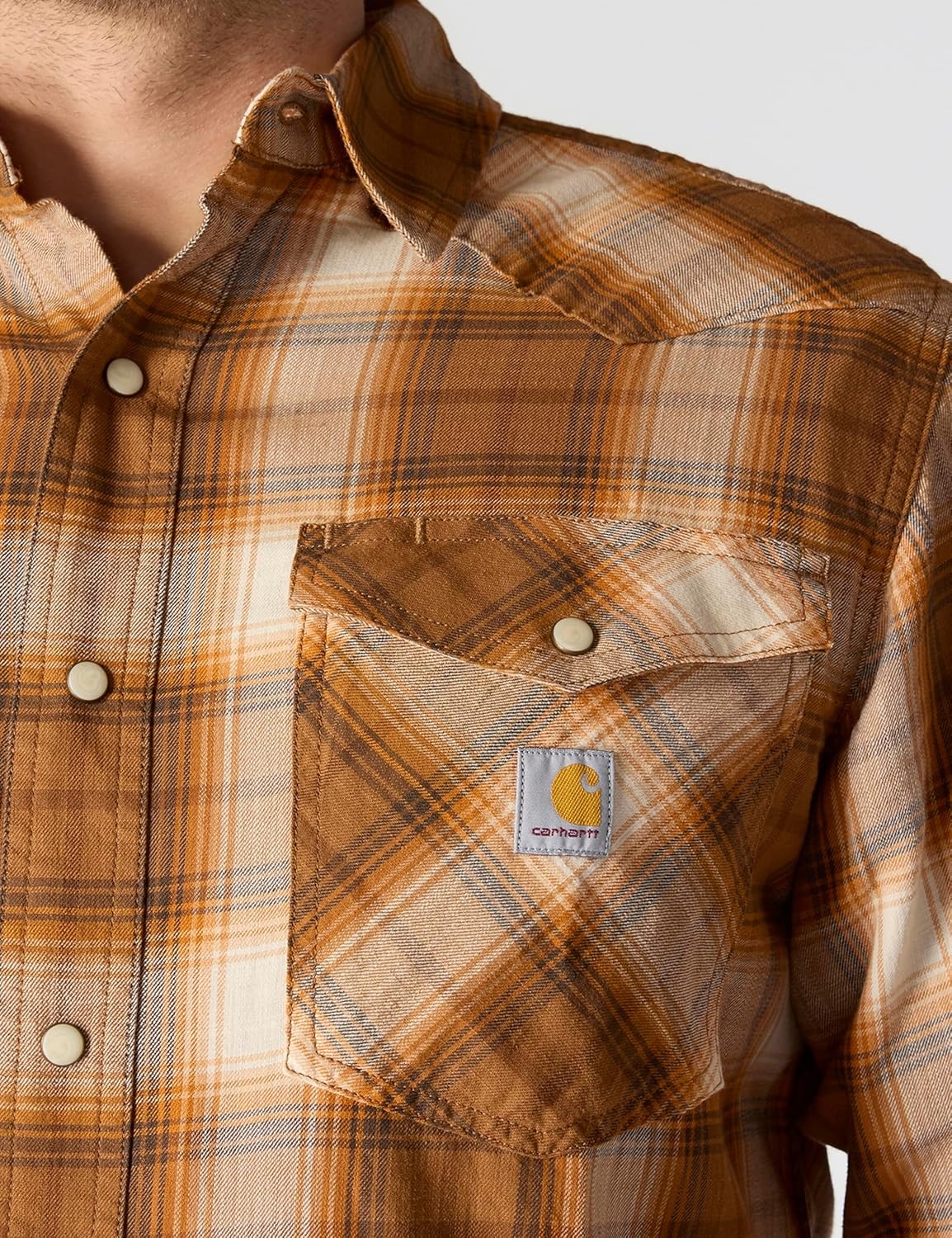 image:imageCarhartt Mens Montana Rugged Flex Relaxed Fit Lightweight LongSleeve SnapFront Plaid ShirtCarhartt Brown