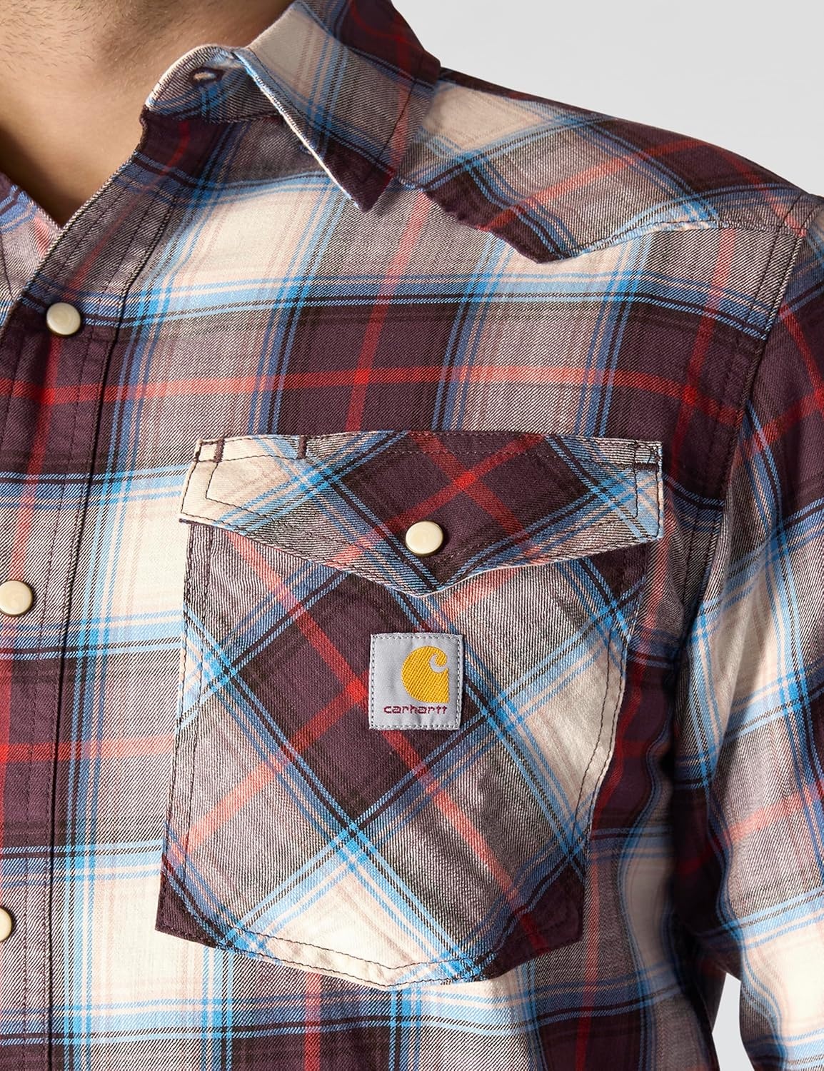 image:imageCarhartt Mens Montana Rugged Flex Relaxed Fit Lightweight LongSleeve SnapFront Plaid ShirtDark Sepia
