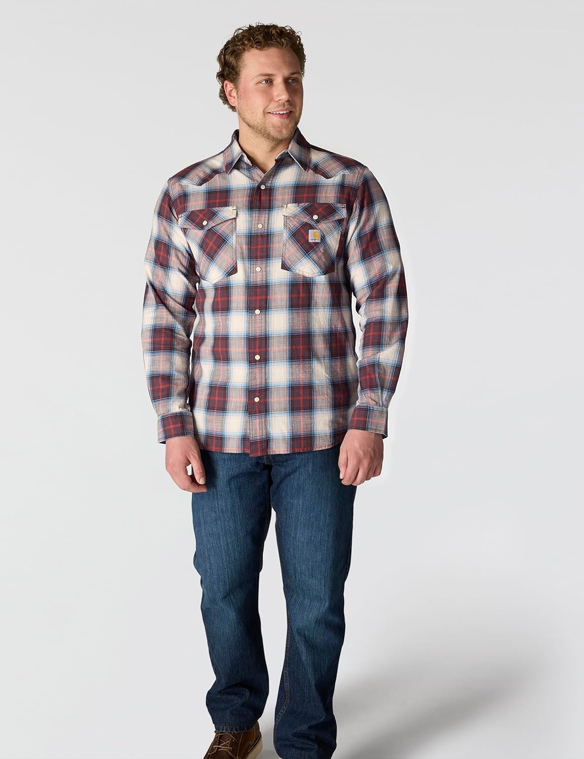 image:imageCarhartt Mens Montana Rugged Flex Relaxed Fit Lightweight LongSleeve SnapFront Plaid ShirtDark Sepia