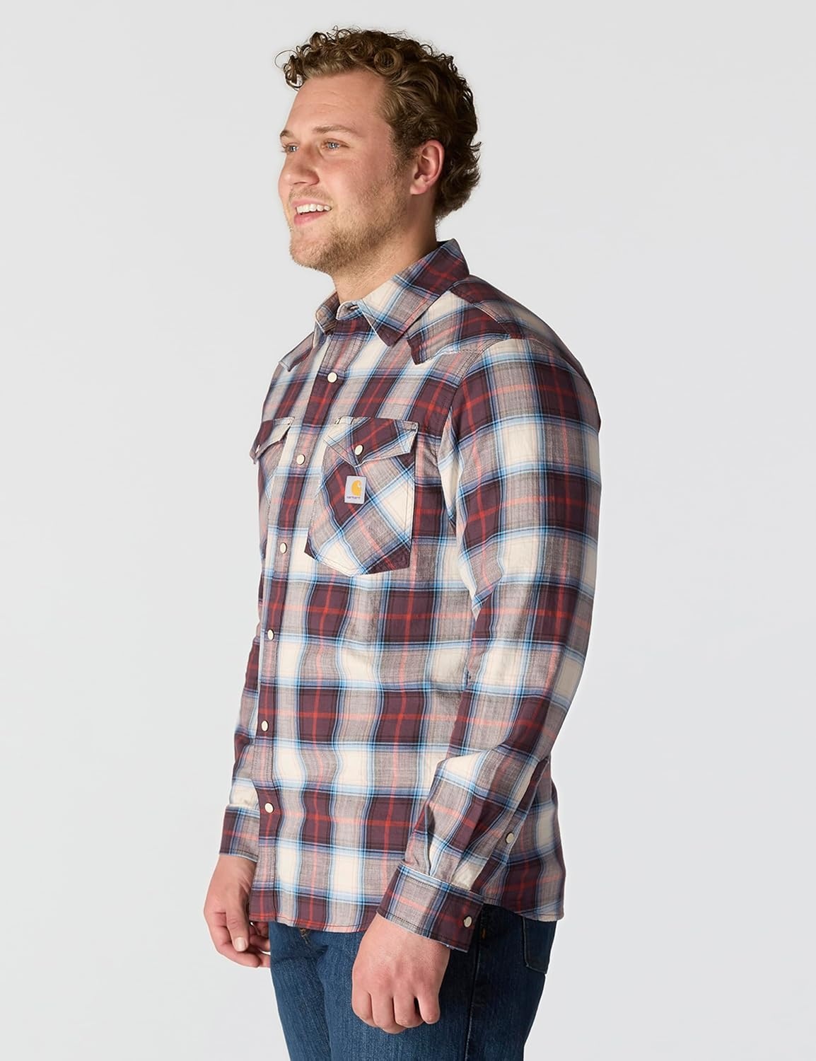 image:imageCarhartt Mens Montana Rugged Flex Relaxed Fit Lightweight LongSleeve SnapFront Plaid ShirtDark Sepia