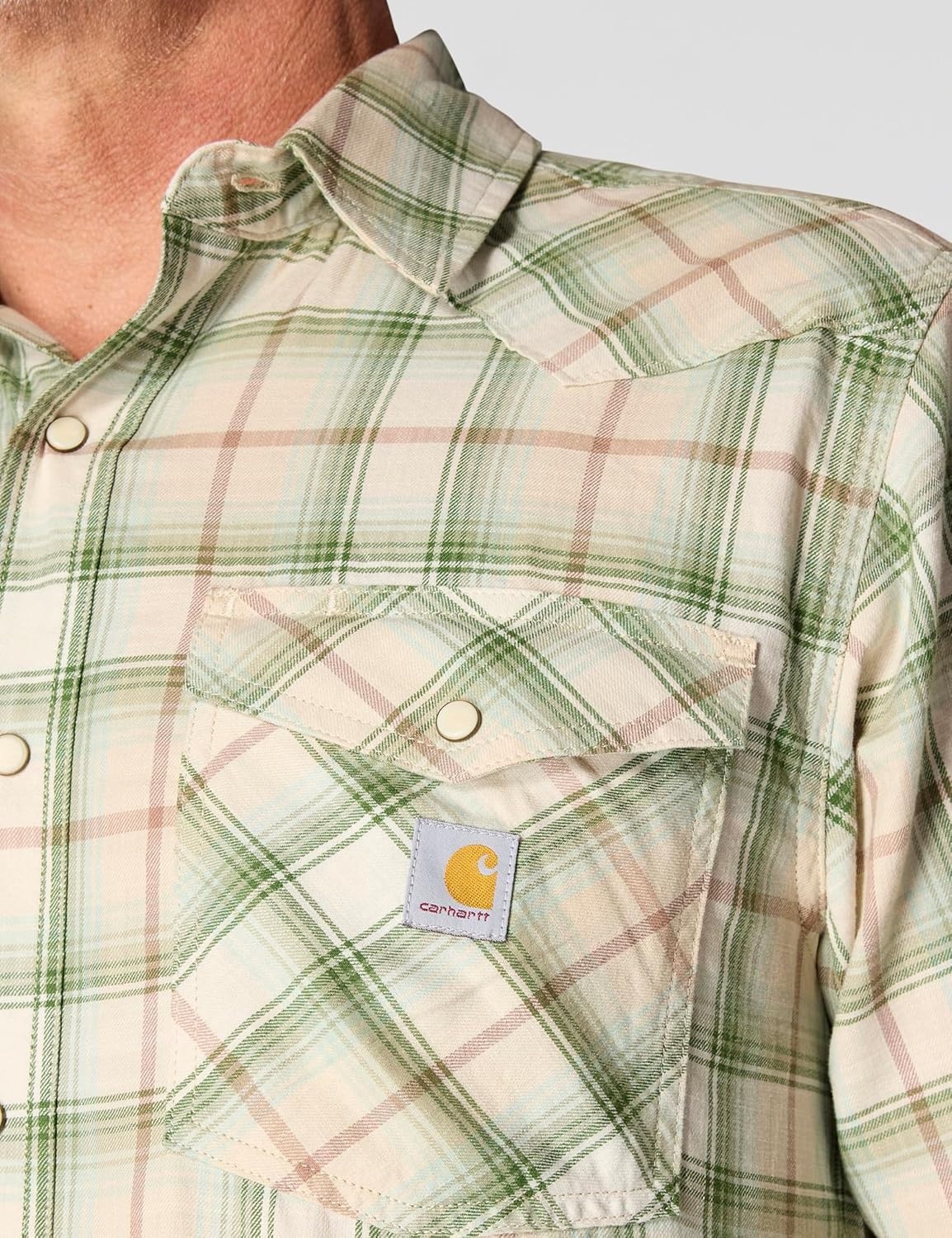 image:imageCarhartt Mens Montana Rugged Flex Relaxed Fit Lightweight LongSleeve SnapFront Plaid ShirtOat Milk