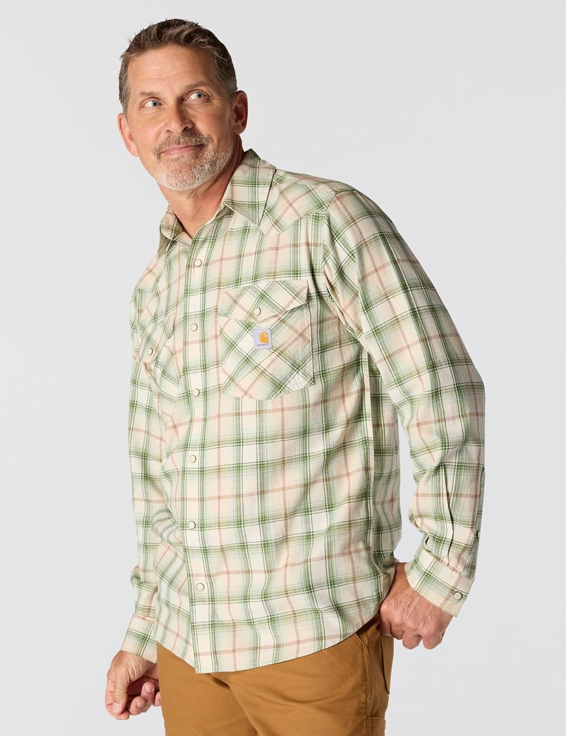 image:imageCarhartt Mens Montana Rugged Flex Relaxed Fit Lightweight LongSleeve SnapFront Plaid ShirtOat Milk