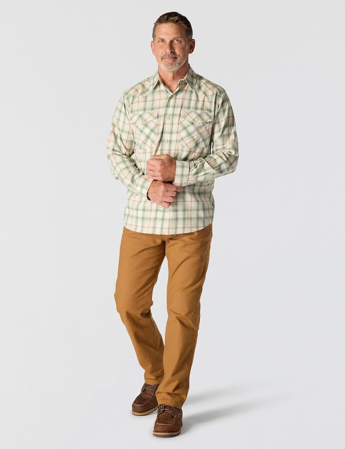 image:imageCarhartt Mens Montana Rugged Flex Relaxed Fit Lightweight LongSleeve SnapFront Plaid ShirtOat Milk