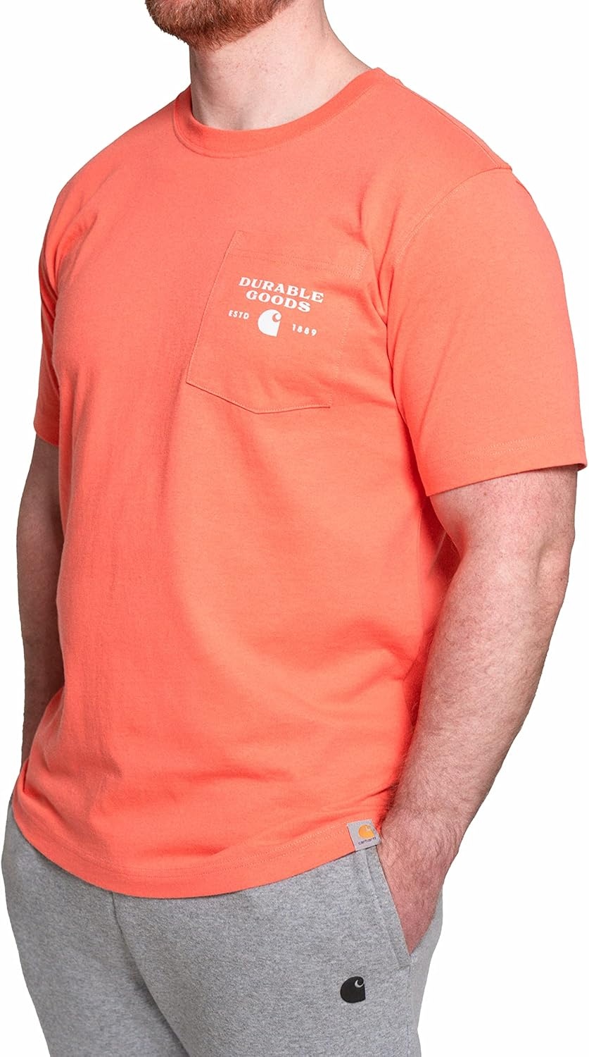 image:imageCarhartt Mens Relaxed Fit Heavyweight ShortSleeve Pocket Logo Graphic TShirtElectric Coral