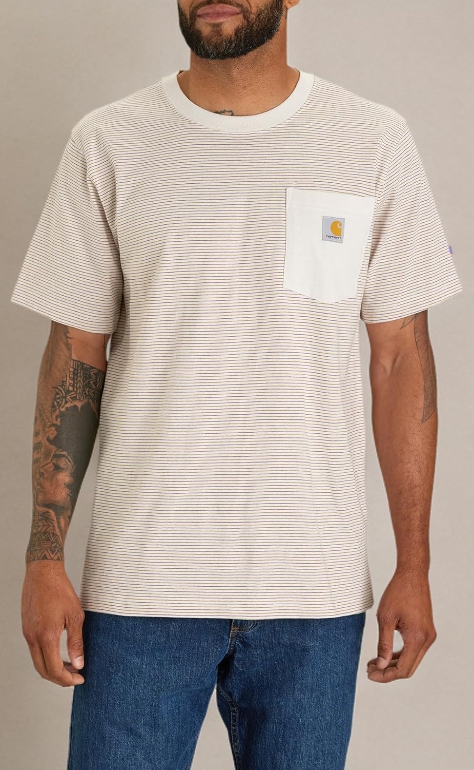 image:imageCarhartt Mens Relaxed Fit Heavyweight ShortSleeve Pocket Logo Graphic TShirtMaltApple Butter Stripe