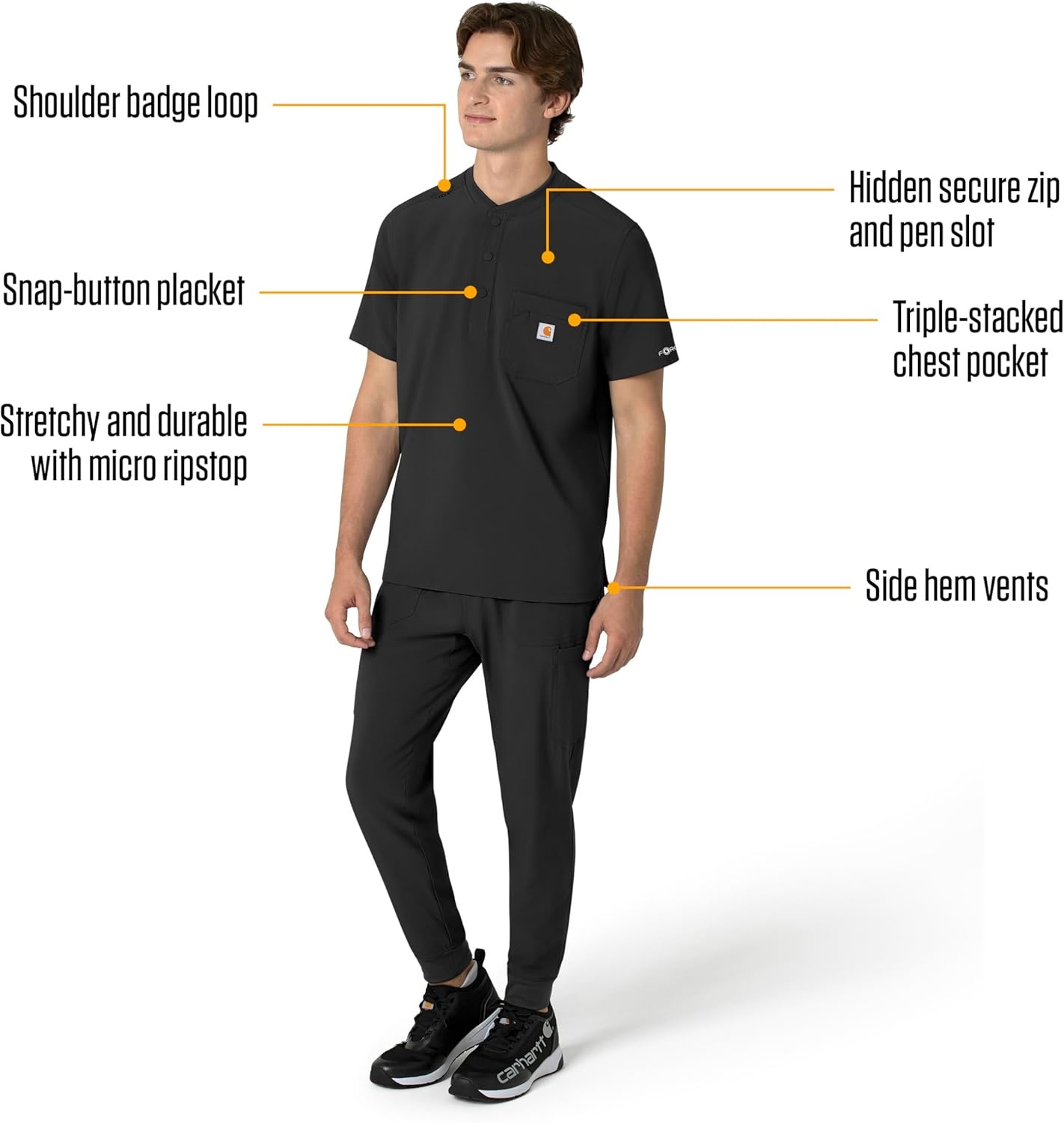 image:imageCarhartt Scrubs for Men Force CrossFlex Henley Tops with 3 PocketsBlack