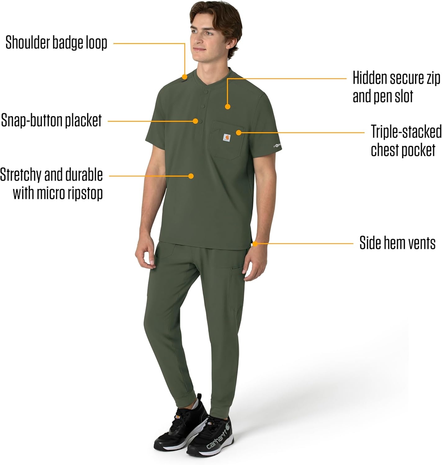 image:imageCarhartt Scrubs for Men Force CrossFlex Henley Tops with 3 PocketsOlive